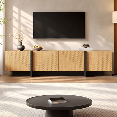 Mobile tv - 187 x 35 x 45 cm - 4 ante effetto cannettato diagonale, passacavi, stile moderno, mdf, naturale (1/5)