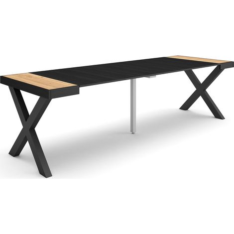 Skraut Home - Table console extensible, Console meuble, 260, Pour 12 personnes, Pieds bois massif, Style moderne, ChĂŞne et noir (1/5)