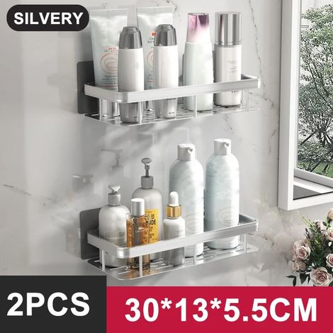(Silvery-2PCS) Étagère de salle de bain/rangement de cuisine en alliage d'aluminium, étagère de douche, accessoires de salle de bain, étagère murale sans perçage (1/5)