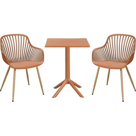 3 Piece Bistro Garden Set with 2 Sunray Armchairs and Square Table - Plastic/Metal - L52 X W58 X H86 cm - Terracotta - Flat Packed