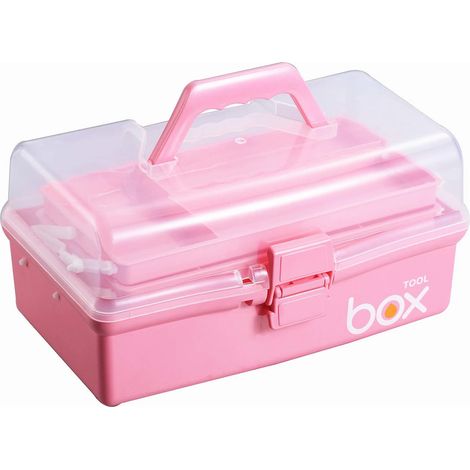 Boîte de rangement portable pour loisirs créatifs, boîte de rangement transparente rose à plusieurs niveaux avec boîte à outils pratique pour fournitures artistiques et trousse de premiers secours, co (1/5)