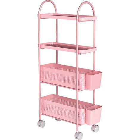 Levede 4 Tier Kitchen Storage Trolley Cart on Wheels for Narrow Space Metal Pink