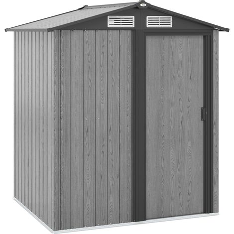 Abri de jardin 1,7 m² en acier galvanisé avec kit fondation, rangement outils toit incliné, 4 ouvertures ventilation, porte coulissante, 152×132×188 cm, gris aspect bois