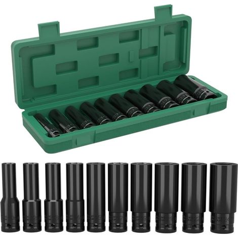Lot de 10 douilles à percussion 1/2" - Jeu choc longues 10-24 mm Avec coffret en plastique Pour réparation automobile et changement pneus pièces (10-24 mm) (1/5)