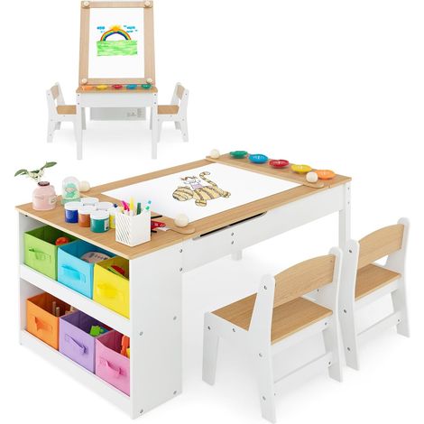 Costway – Table à dessin 2 en 1 avec 2 chaises enfants – Plateau inclinable 109x60cm – 6 bacs de rangement – Rouleau de papier inclus