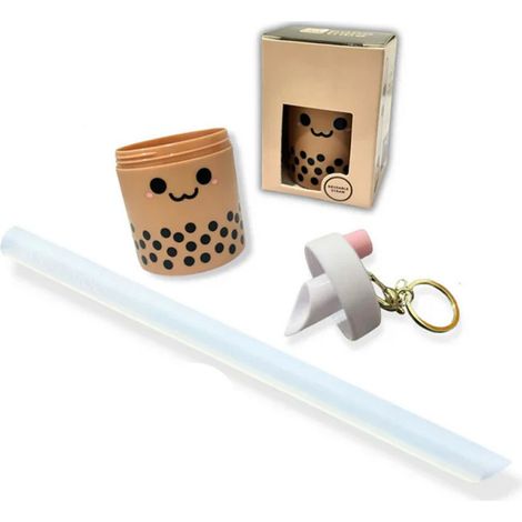 New Reusable Straw Keychain Set (Pearl Milk Tea Cup) - Light Brown - 301-400ml (Performance for Best Friends/Couples)