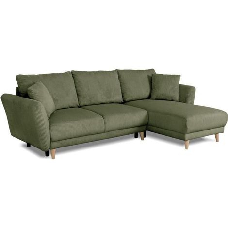 Canapé d'angle convertible réversible - 3 / 4 places - CLAUDIUS - Tissu Velours côtelé Kaki - Coffre - 244 x 158 x 86 cm (1/5)