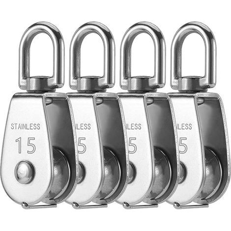 AIDUCHO Juego de 4 poleas simples M15 en acero inoxidable 304, polea para tendedero, sistema de poleas M15, gancho giratorio para grúa, cable de carga de 35 kg M15 (1/5)