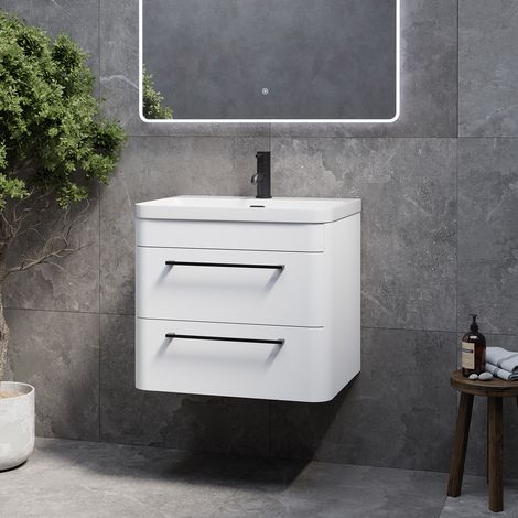 Oslo Gloss White 600mm Wall Mounted 2 Drawer Vanity Unit with Fina Basin - 600mm - Matt Black 320mm Handle