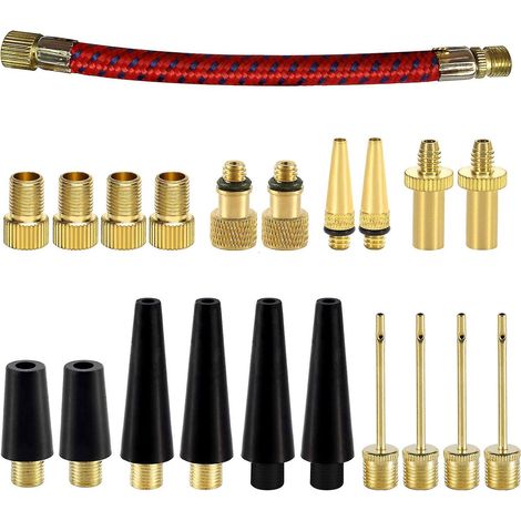 Kit de 21 pièces comprenant des adaptateurs pour valves de pneus de vélo, une aiguille pour pompe à ballon, un kit d'adaptateurs pour aide au gonflage et des accessoires. (1/5)