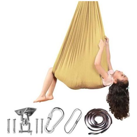 Chaise suspendue balançoire sensorielle intérieure et extérieure, hamac doré 280150cm (plaque balançoire + serrure) (1/5)