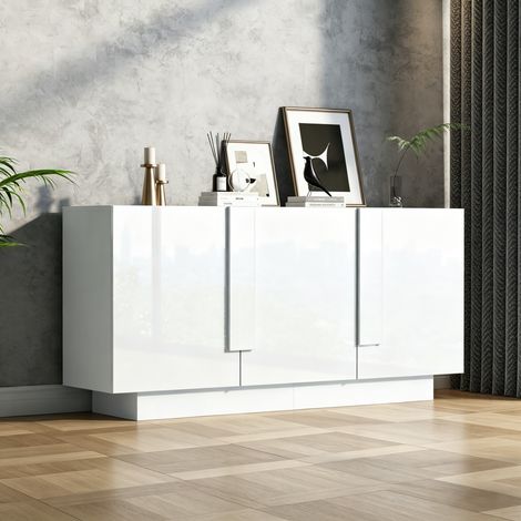 Buffet de salon blanc 35x160x60 cm, 3 portes brillantes, 6 étagères + grand rangement, en panneaux de particules, facile à nettoyer (1/4)