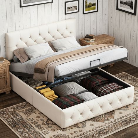 Tanant – Lit coffre 160x200 cm – Rangement hydraulique – Tête de lit capitonnée – Velours abricot – Structure en bois stable – Sommier à lattes (1/5)