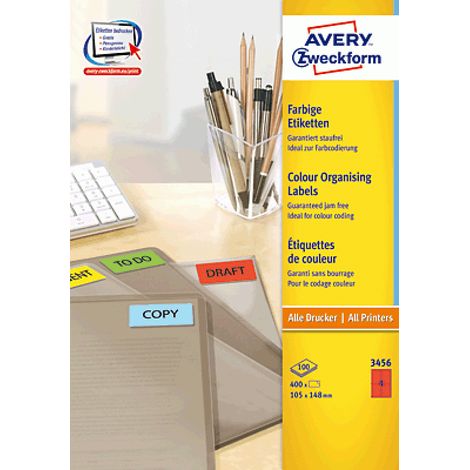 Avery-Zweckform 3456 Etichette 105 x 48 mm Carta Rosso 400 pz. Permanente Etichetta universale Inchiostro, Laser, Copia