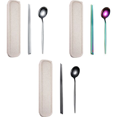 Chopsticks - Spoon - Fork - Knife - Portable Travel Case - Reusable Kitchen Cutlery Set - 3-Piece Set (1/5)