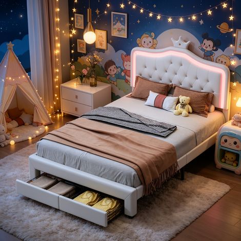 Lit avec tiroirs 140x200 cm pour fille, Lit enfant princesse 140x200 cm avec tête de lit couronne réglable, éclairage LED, sommier à lattes, PU, Blanc (1/5)