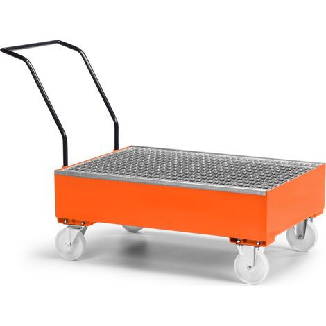 RR Industrietechnik Fahrbare Auffangwanne aus Stahl für 2x 200 Liter Fass mit Gitterrost RAL 2004 reinorange