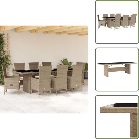 Mesa de jardín - vidaXL Set comedor de jardín 9 pzas con cojines ratán sintético beige - Cojines para sillas