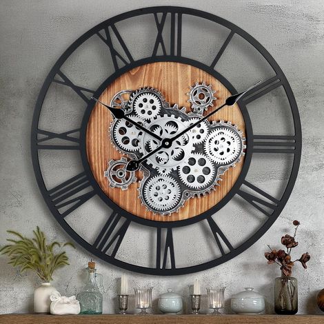 Horloge Murale Engrenages Mobiles Geante 57cm, Industrielle Bois Vintage Pendule Murale Steampunk Design Chiffres Romains pour Salon Cuisine Bar Bureau (1/5)