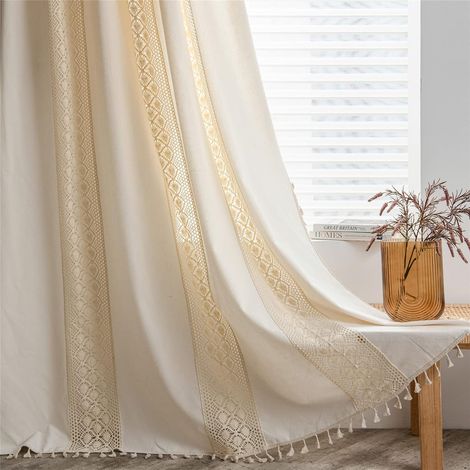 Halbtransparente Vorhänge mit Patchwork-Muster, Boho-Stil mit Quasten und Paspelierung, Vintage Gardinen im Retro-Design, Fensterdekoration für Wohnzimmer und Schlafzimmer,150×160cm