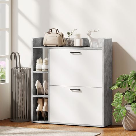 Zapatero delgado que ahorra espacio con 2 puertas abatibles, zapatero de entrada con 3 compartimentos abiertos, estantes ajustables, nivel superior, zapatero para 15 pares en madera con asa, 83x24x90,