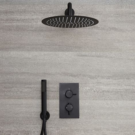 Hudson Reed – Colonne de douche encastrée – Mitigeur thermostatique noir mat – Pommeau rond Ø30cm en acier inoxydable – Douchette avec canules anti-calcaire