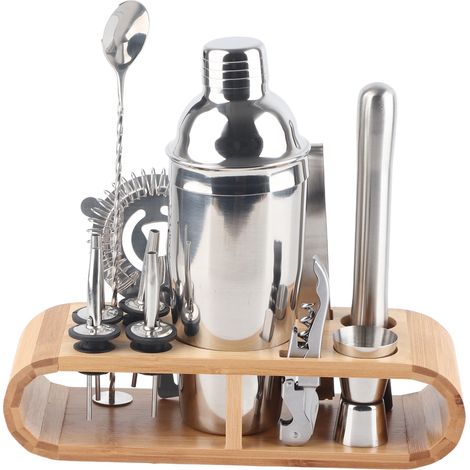 11-teiliges Cocktailset aus Edelstahl mit Holzsockel, professionelle Barwerkzeuge für Shaker und Mixer. (1/5)