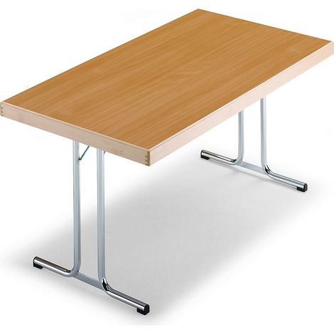 Table pliante 1200 x 800 mm – Piétement en T chromé – Plateau mélaminé hêtre – Hauteur 720 mm – Coins assemblés en queue d'aronde – Certeo (1/4)