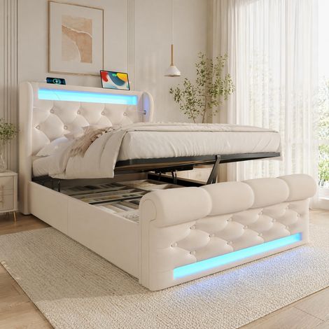 Letto 90x200 cm in velluto beige con contenitore LED per camera da letto, senza materasso- FLORAGRACE (1/5)
