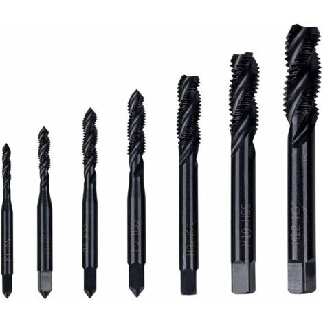 Sollbry 7PCS Tarauds à Filetage Hélicoïdal en Nitrure M3 M4 M5 M6 M8 M10 M12 Tarauds à Vis Cannelés Spirale Métrique Taraud à Queue Conique Outil de Taraudage de Filetage Nitrure (1/5)