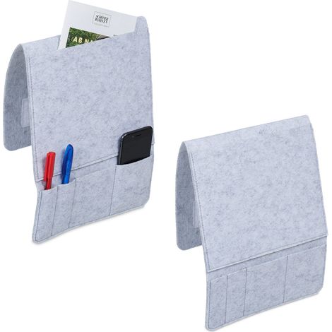 Relaxdays Organiser Pockets, Set of 2, 5 Compartments, Hook & Loop Fastener, Storage for Bed & Sofa, Felt, Light Grey