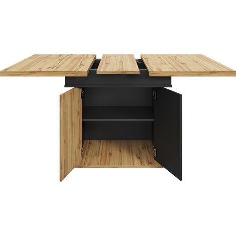 Table à manger extensible 110-140×80 cm avec système d'extension latéral, MDF et métal, design rétro (1/5)