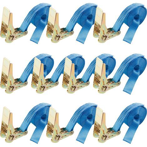Pack de 10 sangles d'arrimage 4m 25mm – 800kg résistance – 100% polyester – Points renforcés – Tension facile avec cliquet (1/5)