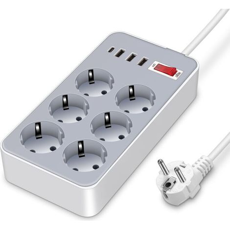 Multiprise Electrique USB, avec 6 prises secteur + 3 ports USB-A + 1 port USB-C, Multiprise Bureau USB avec Interrupteur Cordon de 1.8m pour iPhone 15/ iPad/Smartphone (1/5)