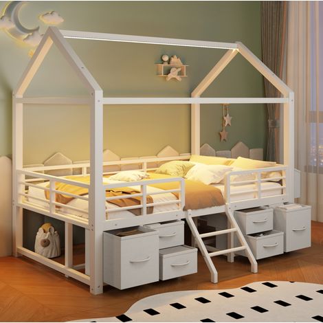 Letto a soppalco 90/200 cm bianco in metallo con tetto a casetta, LED e cassetti in tessuto (1/5)