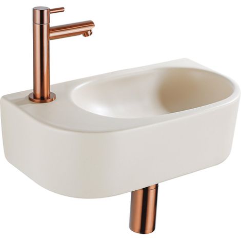 QeramiQ Fuente Ensemble de lavabo - 40x21.5x12cm - gauche - lisse - demi-rond - 1 trou de robinet - céramique - robinet de lavabo cuivre brossé -