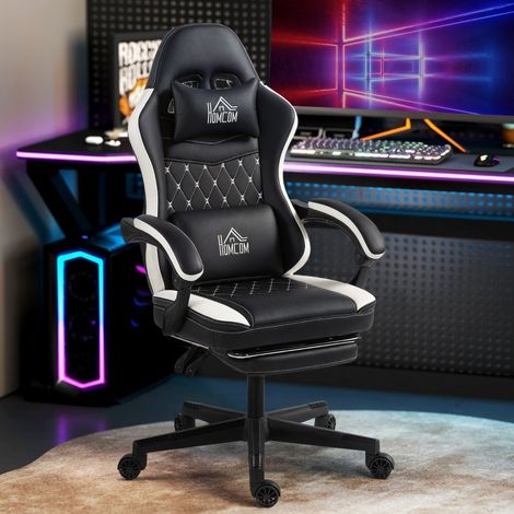 Fauteuil gaming 64x65x118-128 cm noir et blanc, repose-pieds, simili cuir réglable MEUBLIV (1/5)