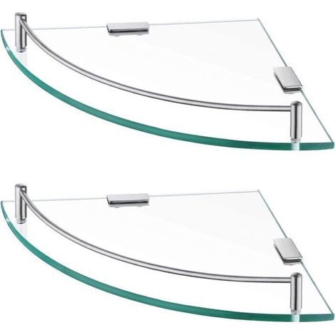Étagère Murale Étagère d'angle en Verre Étagère Salle de Bain Douche Tablette Étagère en Verre Trempé avec Porte Serviette 2 Pièces Acier Inoxydable SUS304 Brossée (1/4)