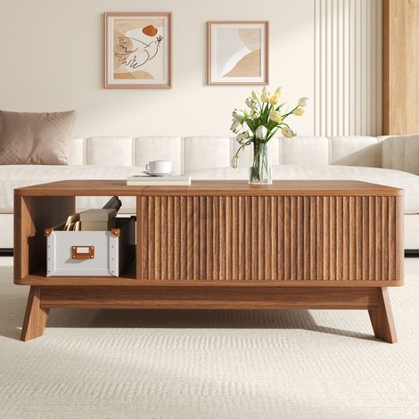 Couchtisch mit Hubfunktion, Wellenoptik, offenes Seitenfach, MDF-Material, Moderner Stil (1/5)