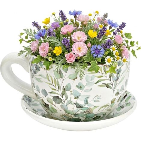 Vase ou pot de fleurs en forme de tasse feuilles d'eucalyptus 23 x 25 cm (1/3)