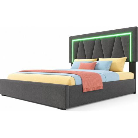 Lit double LED avec USB Type-C, rangement relevable, tête de lit réglable et matelas 140x200, gris, lin, pour chambre moderne avec coffre - CHICFURN (1/5)