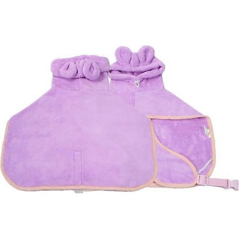 Sèche-rapide serviette bain chatte à capuche, ultra absorbante, peignoir chien doux, accessoire animal violet taille S. (1/4)
