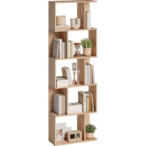 S-förmiges Bücherregal mit 5 Ablagen, 60 x 24 x 184,5 cm, Aufbewahrungsmöbel aus Naturholz (1/5)
