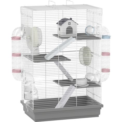Gabbia per Criceti a 4 Livelli 47x30x70 cm e 16 Tubi con Casetta Rampa e Accessori in Metallo e Plastica Grigio (1/5)