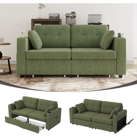 Canapé biplace avec rangement caché, ports USB, porte-gobelets et poches latérales, meuble pour salon, appartement et espace lecture