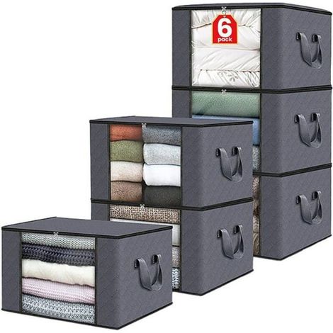 Lot de 6 Boîtes de Rangement, Zippées et Pliables, 60 Litres, pour Vêtements et Jouets (55x35x32 cm, Gris) Odipie (1/4)