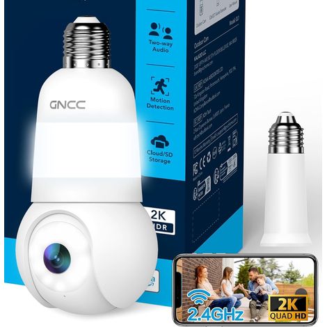 Ampoule Camera Surveillance WiFi Extérieure sans Fil, Douille E27 Uniquement, 2K 355° PTZ Caméra Interieure, Vision Nocturne Couleur, AI Détection, 24/7, Abonnement Cloud/Micro-SD, 2,4GHz WiFi (1/5)