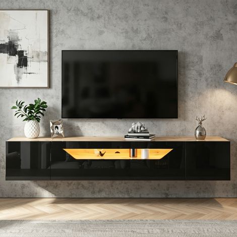 Meuble TV noir et bois 180 cm avec LED - meuble tele moderne pour salon - convient pour TV 75 pouces - style scandinave (1/5)