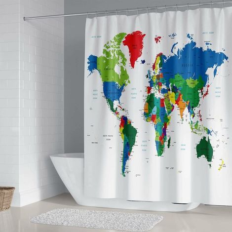 Cortina de ducha con estampado de mapa del mundo y motivos geográficos, impermeable, resistente al moho, lavable, con 12 anillas, tejido de poliéster antifúngico, 180 x 180 cm. (1/5)
