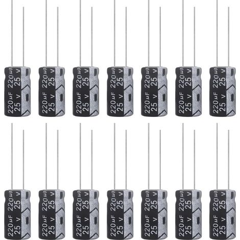 Condensateur 220uF 25V Condensateurs Électrolytiques Aluminium 6x12MM Electrolytic Capacitor 220 uF MFD 105°C (Paquet de 15 Pièces) (1/5)